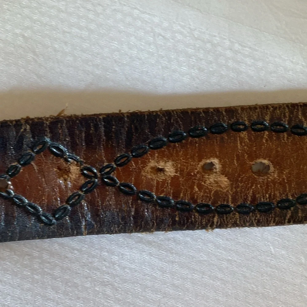 VINTAGE Genuine Leather distressed Belt Brown 51’ snap on buckle Western Country